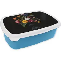 MuchoWow Broodtrommel Blauw - Lunchbox Lente - Bloemen - Klassiek - Vaas - Brooddoos 18x12x6 cm - Brood lunch box - Broodtrommels voor kinderen en volwassenen