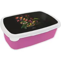 MuchoWow Broodtrommel Roze - Lunchbox Bloemen - Vaas - Kleurrijk - Brooddoos 18x12x6 cm - Brood lunch box - Broodtrommels voor kinderen en volwassenen