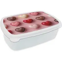 MuchoWow Broodtrommel Wit - Lunchbox Macarons - Hartjes - Kleurrijk - Roze - Brooddoos 18x12x6 cm - Brood lunch box - Broodtrommels voor kinderen en volwassenen