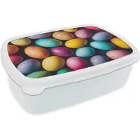 MuchoWow Broodtrommel Wit - Lunchbox Kleurrijk - Paaseitjes - Spetters - Brooddoos 18x12x6 cm - Brood lunch box - Broodtrommels voor kinderen en volwassenen
