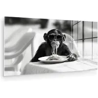 MuchoWow Glasschilderij 120x60 cm - Schilderij acrylglas - Aap - Spaghetti - Zonnebril - Zwart wit - Cool - Dier - Foto op glas - Muurdecoratie woonkamer - Wanddecoratie slaapkamer - Schilderijen
