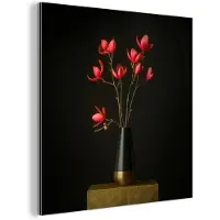 MuchoWow Aluminium schilderij 90x90 cm - Wanddecoratie metaal - Rode - Bloemen - Vaas - Metalen muurdecoratie woonkamer - Decoratie industrieel - Foto op dibond - Industriële accessoires slaapkamer
