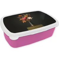 MuchoWow Broodtrommel Roze - Lunchbox Boeket - Oranje - Gouden - vaas - Brooddoos 18x12x6 cm - Brood lunch box - Broodtrommels voor kinderen en volwassenen