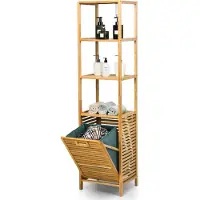 Costway 2 in 1 Badkamerplank & wasmand, hoge kast voor badkamer van bamboe met 3 planken, waskast met uitneembare waszak & handvat, badkamerkast voor badkamer slaapkamer wasruimte, natuur