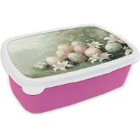 MuchoWow Broodtrommel Roze - Lunchbox Paaseieren - Pasteltinten - Bloemen - Brooddoos 18x12x6 cm - Brood lunch box - Broodtrommels voor kinderen en volwassenen