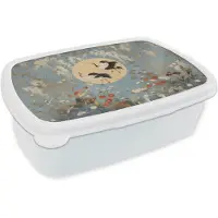 MuchoWow Broodtrommel Wit - Lunchbox Kraanvogels - Maan - Bloemen - Blauw - Brooddoos 18x12x6 cm - Brood lunch box - Broodtrommels voor kinderen en volwassenen