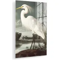 MuchoWow Glasschilderij 120x180 cm - Schilderij acrylglas - Reiger - Planten - Wolken - Wit - Foto op glas - Muurdecoratie woonkamer - Wanddecoratie slaapkamer - Schilderijen