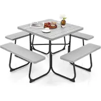 Costway Zitgarnituur voor 8 personen, picknicktafel met parasolgat en 4 banken, vierkante tuintafel, tuingarnituur, tuinmeubelen, zitgroep voor tuin, terras (Grijs)