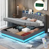 Merax Tweepersoonsbed 160x200 cm met USB Aansluiting en Hydraulische Opbergruimte - Gestoffeerd Bed met Verstelbare LED Verlichting in Grijs Linnen