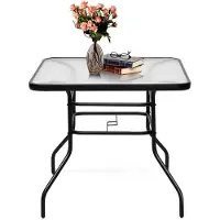 Costway 80 cm Tuintafel, Rechthoekige metalen koffie/theetafel met gehard glazen blad en paraplugat, moderne klassieke stijl past bij elk decor, Buiten eettafel voor Patio, Tuin, Balkon, Achtertuin