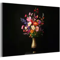 MuchoWow Aluminium schilderij 60x40 cm - Wanddecoratie metaal - Kleurrijk - Boeket - Vaas - Goud - Metalen muurdecoratie woonkamer - Decoratie industrieel - Foto op dibond - Industriële accessoires slaapkamer