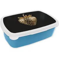 MuchoWow Broodtrommel Blauw - Lunchbox Aardbei - Goud - Zwart - Chrome - Brooddoos 18x12x6 cm - Brood lunch box - Broodtrommels voor kinderen en volwassenen