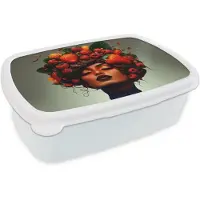 MuchoWow Broodtrommel Wit - Lunchbox Vrouw - Chocolade - Frambozen - Aardbeien - Koekjes - Brooddoos 18x12x6 cm - Brood lunch box - Broodtrommels voor kinderen en volwassenen
