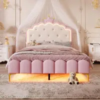 Merax Gestoffeerd bed - 140 x 200cm - met lattenbodem - zonder matras - sfeerlicht met afstandsbediening - kroonprinsesvorm - PU - roze