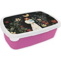 MuchoWow Broodtrommel Roze - Lunchbox Moeder - Kind - Kleurrijk - Bloemen - Brooddoos 18x12x6 cm - Brood lunch box - Broodtrommels voor kinderen en volwassenen