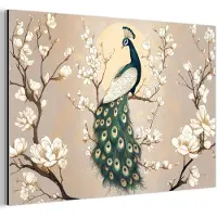 MuchoWow Aluminium schilderij 90x60 cm - Wanddecoratie metaal - Pauw - Tak - Bloemen - Metalen muurdecoratie woonkamer - Decoratie industrieel - Foto op dibond - Industriële accessoires slaapkamer