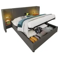 Merax Gestoffeerd Tweepersoonsbed 160×200 cm met Hydraulische Opbergruimte en LED‑Leeslamp – Bed met USB en USB‑C Aansluiting – Groot Hoofdbord met Nachtkastjes – Grijs