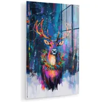 MuchoWow Glasschilderij 120x180 cm - Schilderij acrylglas - Rendier - Krans - Sprookjesachtig - Blauw - Foto op glas - Muurdecoratie woonkamer - Wanddecoratie slaapkamer - Schilderijen