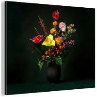 MuchoWow Aluminium schilderij 160x120 cm - Wanddecoratie metaal - Bloemen - Vaas - Zwart - Metalen muurdecoratie woonkamer - Decoratie industrieel - Foto op dibond - Industriële accessoires slaapkamer