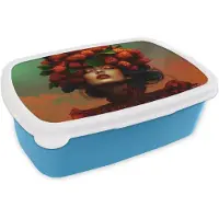 MuchoWow Broodtrommel Blauw - Lunchbox Vrouw - Frambozen - Bladeren - Brooddoos 18x12x6 cm - Brood lunch box - Broodtrommels voor kinderen en volwassenen
