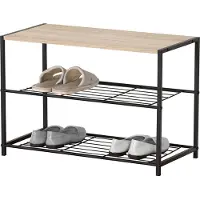 WDMT Industrieel Schoenenrek met Houten Bovenblad – 3-Lagen Schoenen Organizer van Metaal & Hout – 63 x 30 x 43 cm – Opbergrek voor Hal, Gang of Slaapkamer – Zwart