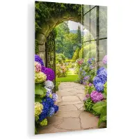 MuchoWow Glasschilderij 120x180 cm - Schilderij acrylglas - Doorkijk - Poort - Hortensia - Bloementuin - Foto op glas - Muurdecoratie woonkamer - Wanddecoratie slaapkamer - Schilderijen