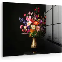 MuchoWow Glasschilderij 160x120 cm - Schilderij acrylglas - Kleurrijk - Boeket - Vaas - Goud - Foto op glas - Muurdecoratie woonkamer - Wanddecoratie slaapkamer - Schilderijen