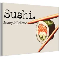 MuchoWow Aluminium schilderij 120x80 cm - Wanddecoratie metaal - Sushi - Zalm - Rijst - Japans - Metalen muurdecoratie woonkamer - Decoratie industrieel - Foto op dibond - Industriële accessoires slaapkamer