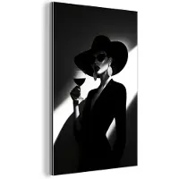 MuchoWow Aluminium schilderij 60x90 cm - Wanddecoratie metaal - Vrouw - Wijn - Chic - Metalen muurdecoratie woonkamer - Decoratie industrieel - Foto op dibond - Industriële accessoires slaapkamer