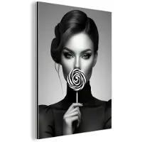 MuchoWow Aluminium schilderij 90x120 cm - Wanddecoratie metaal - Vrouw - Lolly - Zwart - Metalen muurdecoratie woonkamer - Decoratie industrieel - Foto op dibond - Industriële accessoires slaapkamer
