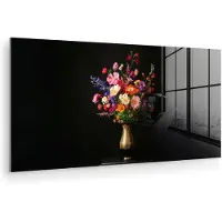 MuchoWow Glasschilderij 80x40 cm - Schilderij acrylglas - Kleurrijk - Boeket - Vaas - Goud - Foto op glas - Muurdecoratie woonkamer - Wanddecoratie slaapkamer - Schilderijen