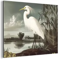 MuchoWow Aluminium schilderij 40x30 cm - Wanddecoratie metaal - Reiger - Planten - Wolken - Wit - Metalen muurdecoratie woonkamer - Decoratie industrieel - Foto op dibond - Industriële accessoires slaapkamer
