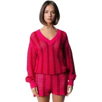 Colourful Rebel Lizza Crochet Stripe V-neck Sweater Medium Bright Pink Size: L | Sweaters Outlet | Dames | Roze