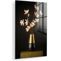 MuchoWow Glasschilderij 40x60 cm - Schilderij acrylglas - Sierlijk - Boeket - Goud - Vaas - Foto op glas - Muurdecoratie woonkamer - Wanddecoratie slaapkamer - Schilderijen