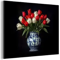 MuchoWow Aluminium schilderij 160x120 cm - Wanddecoratie metaal - Rode - Bloemen - Tulpen - Vaas - Metalen muurdecoratie woonkamer - Decoratie industrieel - Foto op dibond - Industriële accessoires slaapkamer