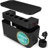 Acropaq Kabelbox stekkerdoos - Met geïntegreerde stekkerdoos, Kabel box voor snoeren wegwerken, 5 x EU stopcontact + USB-A, QC USB-A, USB-C - Kabeldoos, Kabelboxen, Cablebox, Kabelbox Zwart