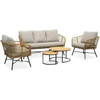 BUITEN living Flow/Aurora stoel-bank wicker loungeset 5 personen | wicker + teakhout | bamboe taupe | 5-delig