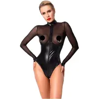 Noir Handmade - bodysuit - transparant inzetstuk - glanzend zwart - XL