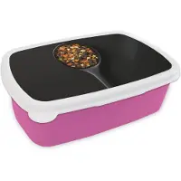 MuchoWow Broodtrommel Roze - Lunchbox Kruiden - Zwart - Lepel - Brooddoos 18x12x6 cm - Brood lunch box - Broodtrommels voor kinderen en volwassenen