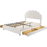 Merax Gestoffeerd Tweepersoonsbed 140x200 cm - Bed in Luxe Fluweel met Bladvormig Hoofdbord en 4 Opberglades - Beige