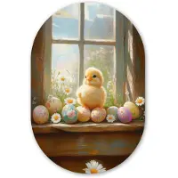 MuchoWow Muurovaal 40x60 cm - Ovale wanddecoratie Kuiken - Raam - Paaseieren - Ovalen schilderij - Muurdecoratie woonkamer - Kamer decoratie - Schilderijen - Wandcirkel