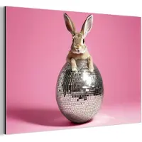 MuchoWow Aluminium schilderij 30x20 cm - Wanddecoratie metaal - Haas - Strik -Discobal - Metalen muurdecoratie woonkamer - Decoratie industrieel - Foto op dibond - Industriële accessoires slaapkamer
