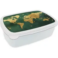 MuchoWow Broodtrommel Wit - Lunchbox Wereldkaart - Groen - Goud - Brooddoos 18x12x6 cm - Brood lunch box - Broodtrommels voor kinderen en volwassenen