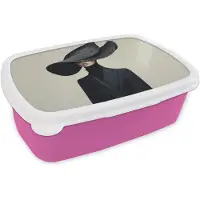MuchoWow Broodtrommel Roze - Lunchbox Zwart - Vrouw - Hoed - Brooddoos 18x12x6 cm - Brood lunch box - Broodtrommels voor kinderen en volwassenen