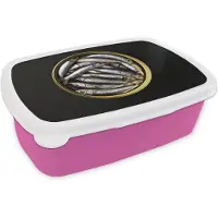 MuchoWow Broodtrommel Roze - Lunchbox Sardines - Vissen - Rond - Zwart - Brooddoos 18x12x6 cm - Brood lunch box - Broodtrommels voor kinderen en volwassenen