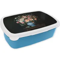 MuchoWow Broodtrommel Blauw - Lunchbox Roze - Bloemen - Vaas - Kleuren - Brooddoos 18x12x6 cm - Brood lunch box - Broodtrommels voor kinderen en volwassenen