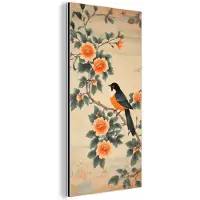 MuchoWow Aluminium schilderij 80x160 cm - Wanddecoratie metaal - Vogel - Tak - Bloemen - Oranje - Metalen muurdecoratie woonkamer - Decoratie industrieel - Foto op dibond - Industriële accessoires slaapkamer