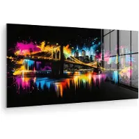 MuchoWow Glasschilderij 160x80 cm - Schilderij acrylglas - Skyline - Brug - Verlichting - Kleuren - Foto op glas - Muurdecoratie woonkamer - Wanddecoratie slaapkamer - Schilderijen