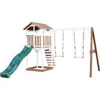 Axi Beach Tower Speeltoren met Dubbele Schommel Bruin/wit - Groene Glijbaan