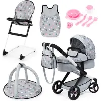 Bayer XEO poppenwagenset, met tas, kinderstoel, slaapzak, speelboog, poppenaccessoires, in grijs